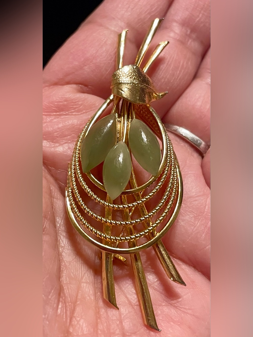 Gold-Tone Leaf Pendant with Olive Green Cabochons